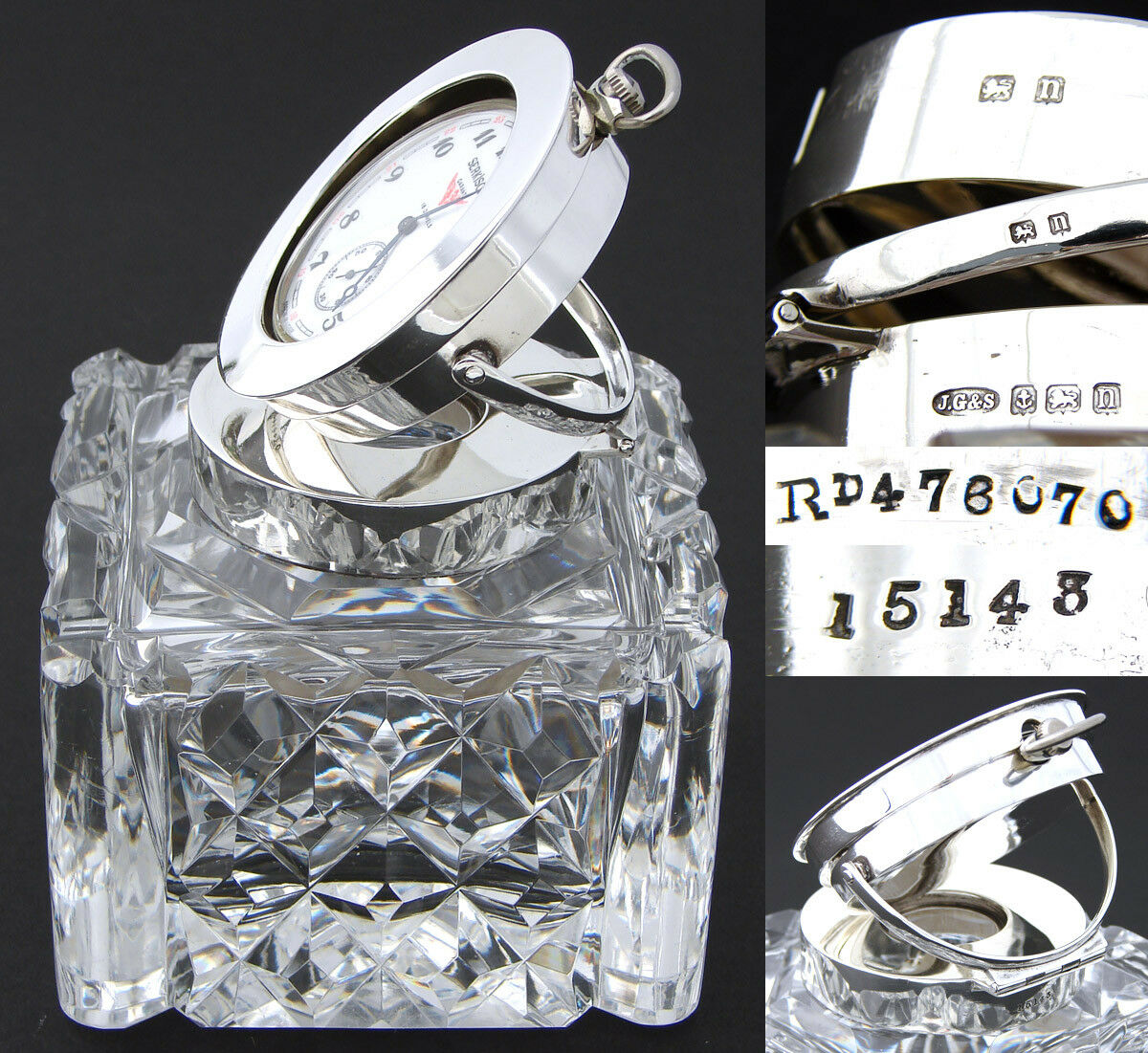 Antique Brilliant Cut Crystal & Sterling Silver 3.5" Inkwell, Pocket Watch Displ