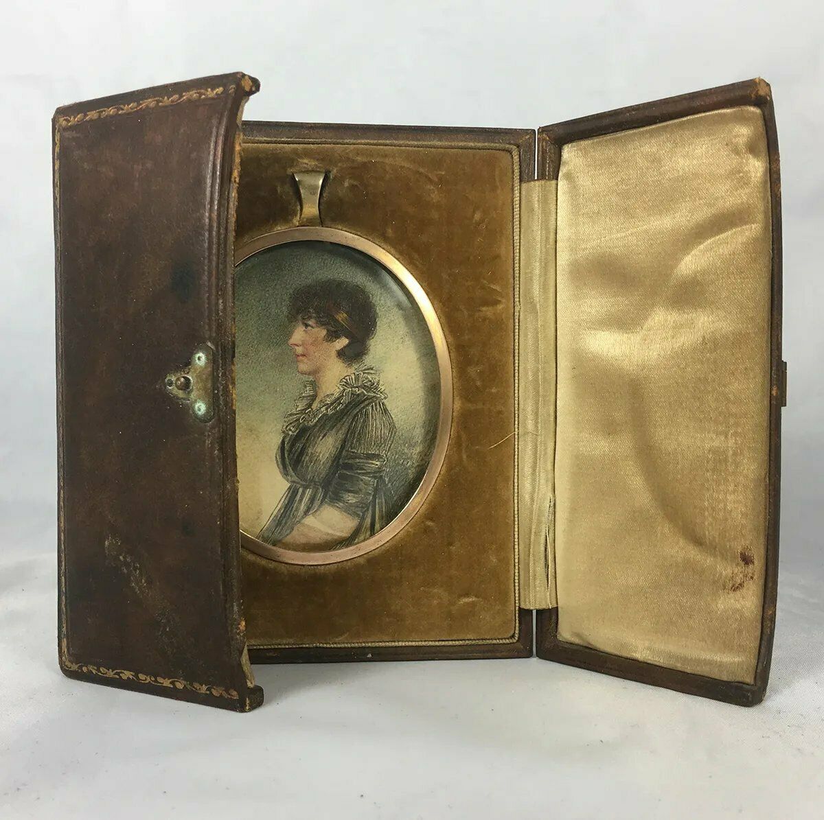 Antique Edwardian Portrait Miniature, Pastels, Pen and Ink Profile Lady in Frame