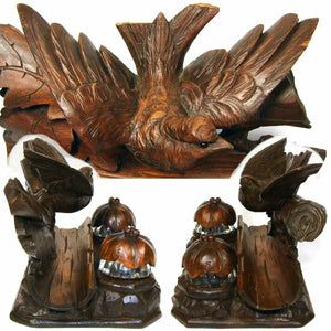 Antique Black Forest Carved Figural Double Inkwell Stand, Desk Caddy, Large Bird