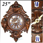 Antique Victorian Era Black Forest Carved 25" Wall or Parlor Clock, Hunt Theme