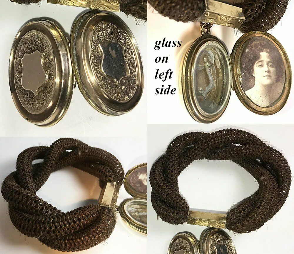 RARE Antique Victorian Mourning Bracelet, Woven Hair with Double Locket, VGC