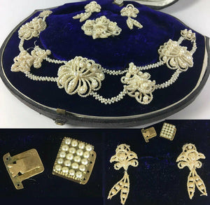 Antique Georgian to Early Victorian 18k Seed Pearl Parure, Box, Necklace, Brooch