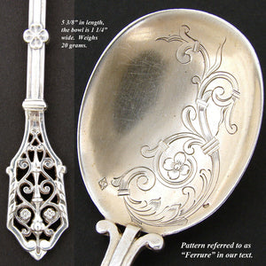 Antique French Sterling Silver 5.5” Condiment Spoon, Reticulated Handle