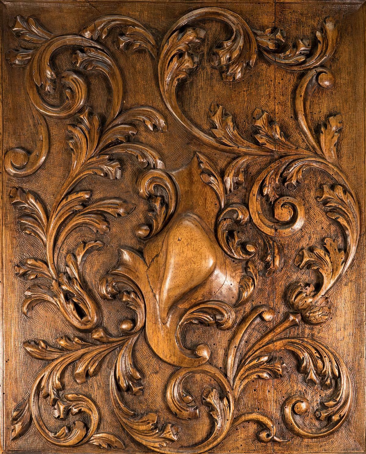 Antique French Carved Wood Panel, Frame: Acanthus & Shield Panel, Door, 27"x23"