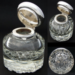 Rare Antique English Sterling Silver & Cut Crystal 4.5" Inkwell, "Puppy Show"