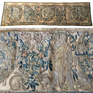 RARE c.1600s Woven Flemish Tapestry 70" Long, 19" Wide, Figures, Putti, Rabbits