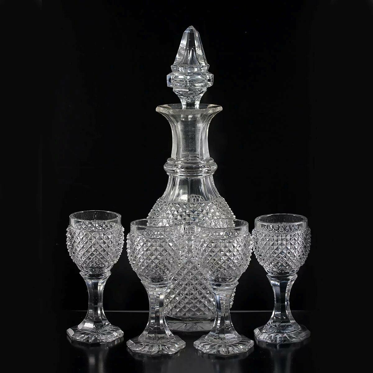 Antique French Baccarat 9.5" Decanter, 4 Cordial Goblets, c1830 Diam Cut Crystal