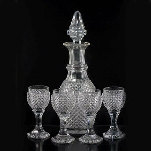 Antique French Baccarat 9.5" Decanter, 4 Cordial Goblets, c1830 Diam Cut Crystal