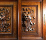 PAIR (2) Antique HC Oak French Cabinet Doors, Figural Lion Head, Each 26" x 23"