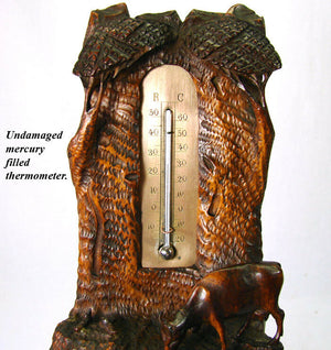 Antique Black Forest Carved Desk Thermometer Stand, Rare Pastoral