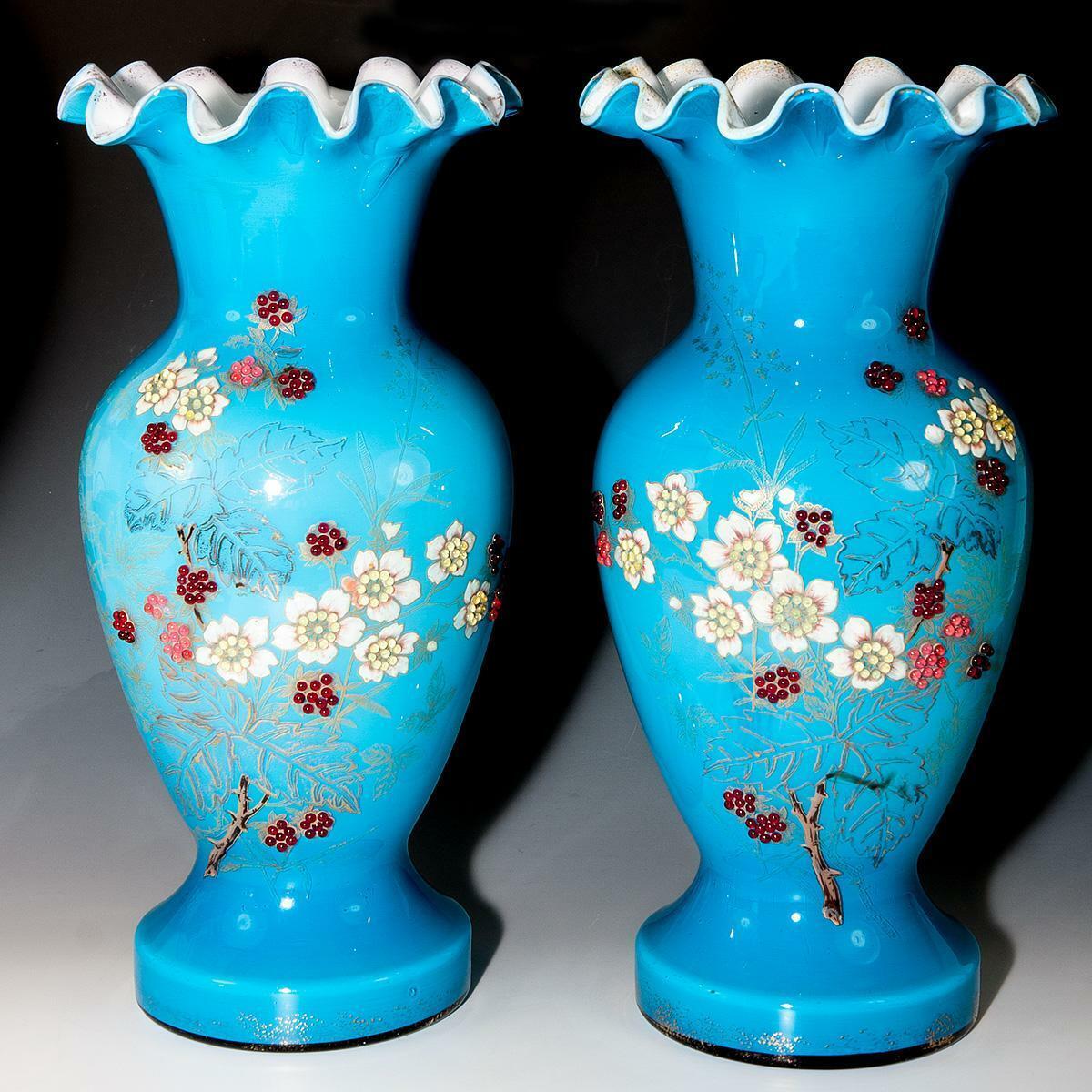 Rare HUGE 1800s Antique French Glass Vase PAIR (2), Bead Decorated Enamel