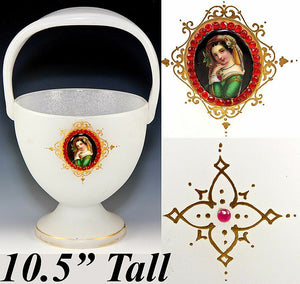 Lg Antique Bohemian 10.5" Portrait Vase or Bonbon Basket, Jewels & White Opaline