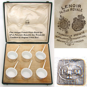 Antique French Palais Royal Marked 6pc SP & Porcelain Ramekin Set, Orig. Box