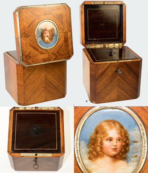 RARE Antique French Tea Caddy, Portrait Miniature Napoleon's Son, TAHAN, Paris