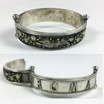 Antique Rome Micro Mosaic Bracelet, Doves and Flowers in Silver Hinged Bangle