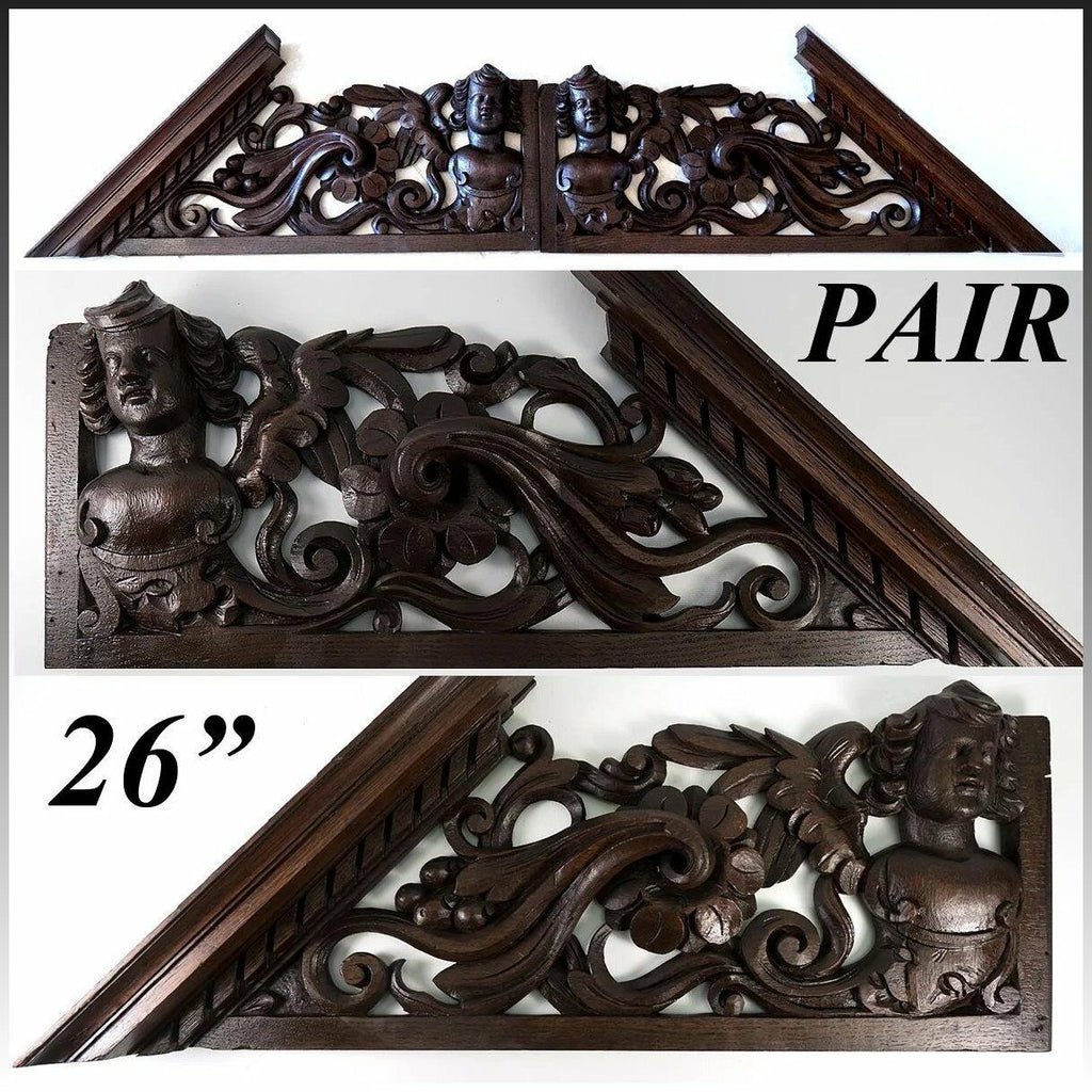 Antique Victorian Carved 26.5" Furniture, Architectural Crown PAIR, 53" Figural