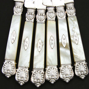 Antique French Sterling Silver & Mother of Pearl 12pc 8" Table Knife Set, Box