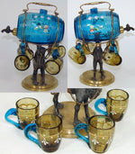 Antique French Napoleon III Liqueur Decanter, Enamel Liquor Barrel & Cups: Camel