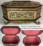 Antique French Boulle Jewelry Box, Casket, 10.25" Octagonal Brass on Walnut