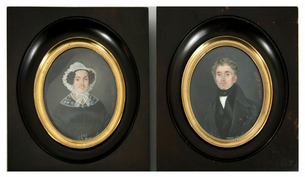 PAIR: LG Antique Signed French Portrait Miniature (2), Couple, Adele de La Hitte