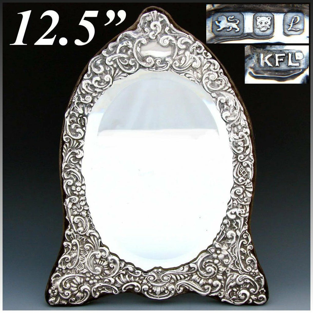 Large Vintage English Hallmarked Sterling Silver 12.5" Vanity, Boudoir Mirror