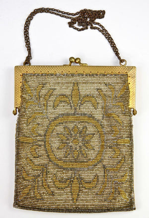 Antique French Made Heavy Metal Micro-Bead Beadwork Bag, Purse, c.1915
