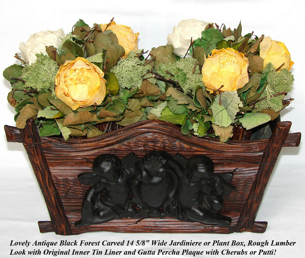 Antique Black Forest 14.5" Jardiniere or Plant Box, Figural Gutta Percha Cherubs