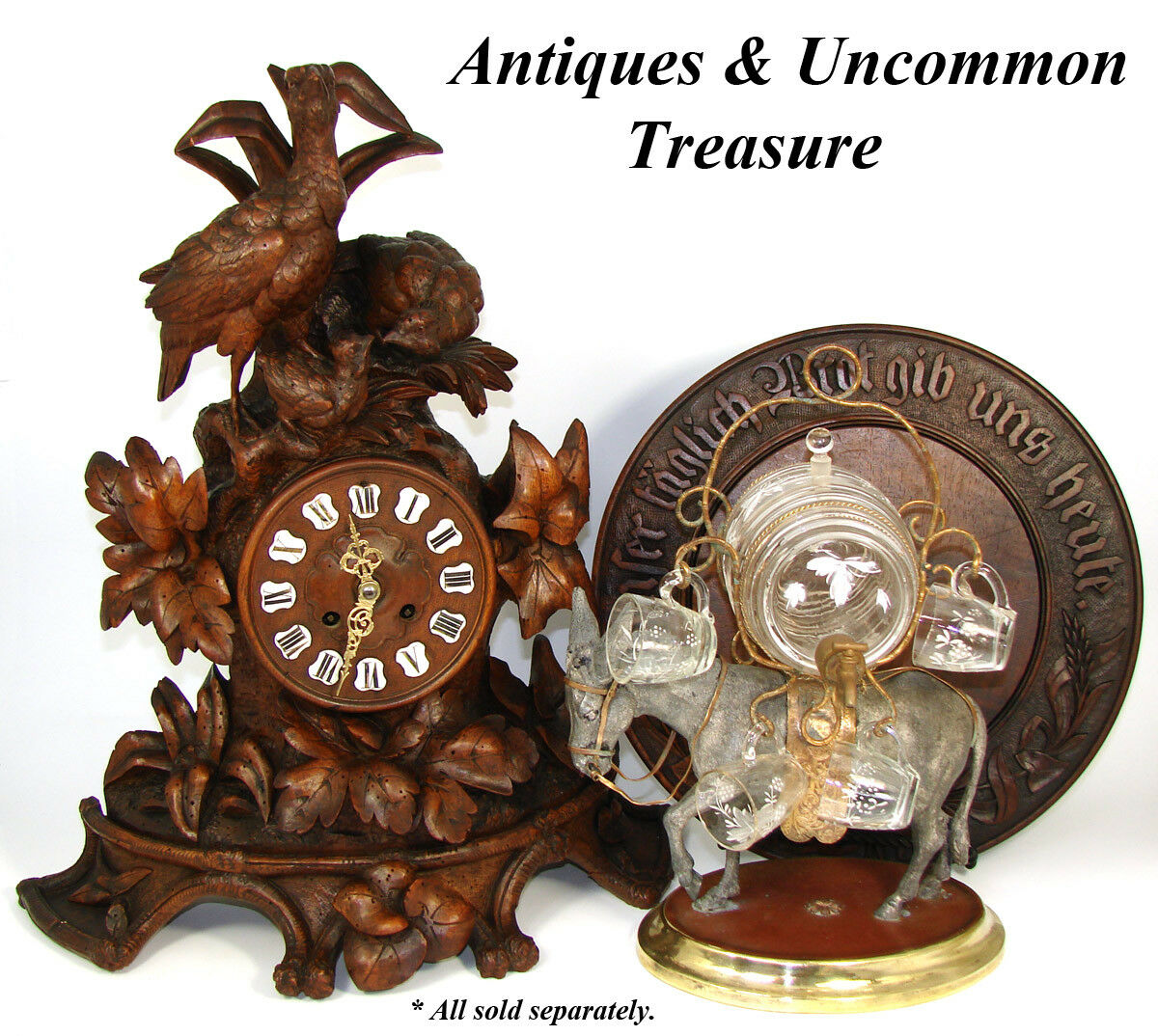 Large Antique Black Forest Carved 17" Mantel Clock, Three Game Birds & Foliage
