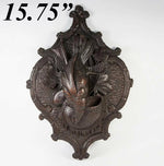 Antique Carved Black Forest "Fruits of the Hunt" 15.75" Wall Plaque, Match Hold