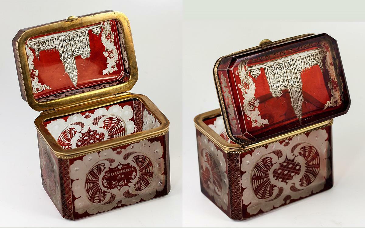 Antique Sugar Caddy Casket, Box: Bohemian or Egermann Spa Glass Souvenir, Gothic