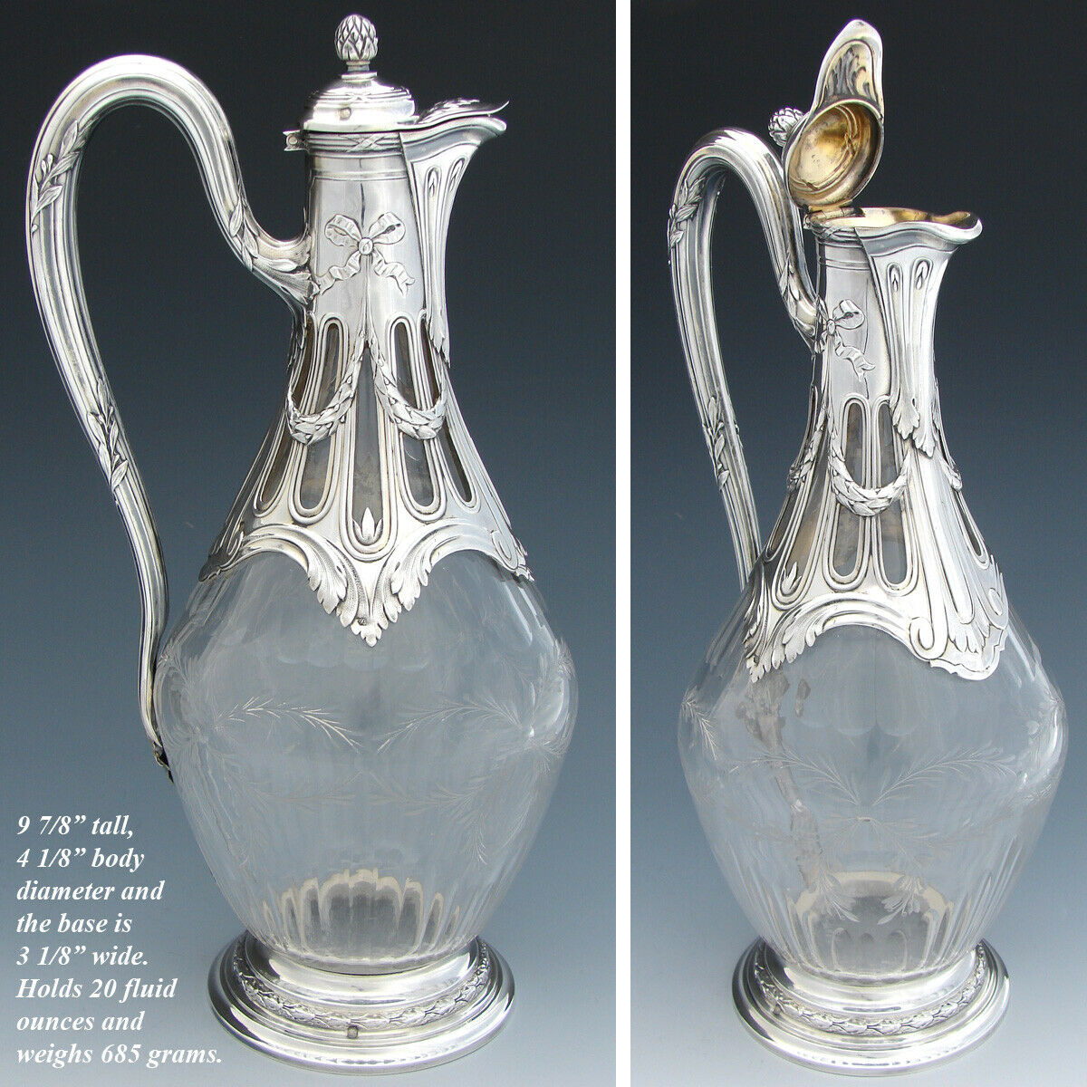 Antique French PUIFORCAT Sterling Silver & Intaglio Glass Claret Jug, Empire