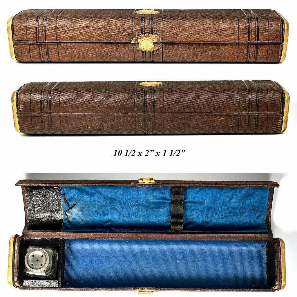 Antique French Scribe's Box, 10.5" Leather Writer's Inkwell & Pen Travel Case