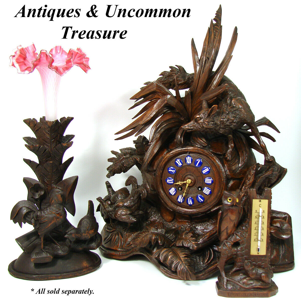 Charming Antique Black Forest Thermometer Stand, Owl & Rodent, Swiss Souvenir