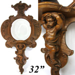 EXQ Antique Victorian Era Carved Walnut 32" Wall Mirror & Shelf, Ornate, Cherub