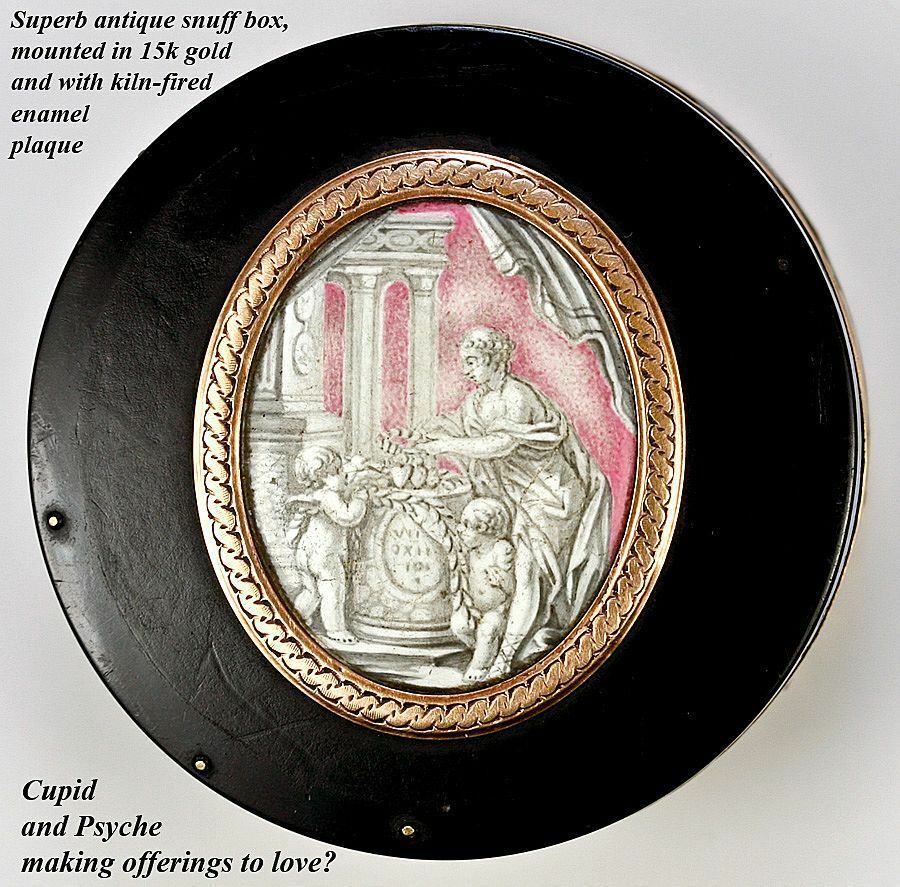 Antique Snuff Box, Grisaille Enamel Plaque, 15K Gold, Cupid, Hallmarks ...