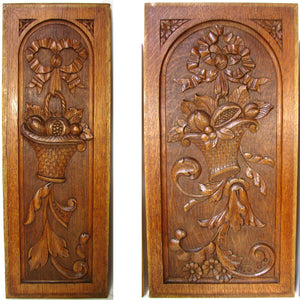 Fab Antique Country French Style Carved Oak Panels, 3pc, Bows, Ribbons & Baskets