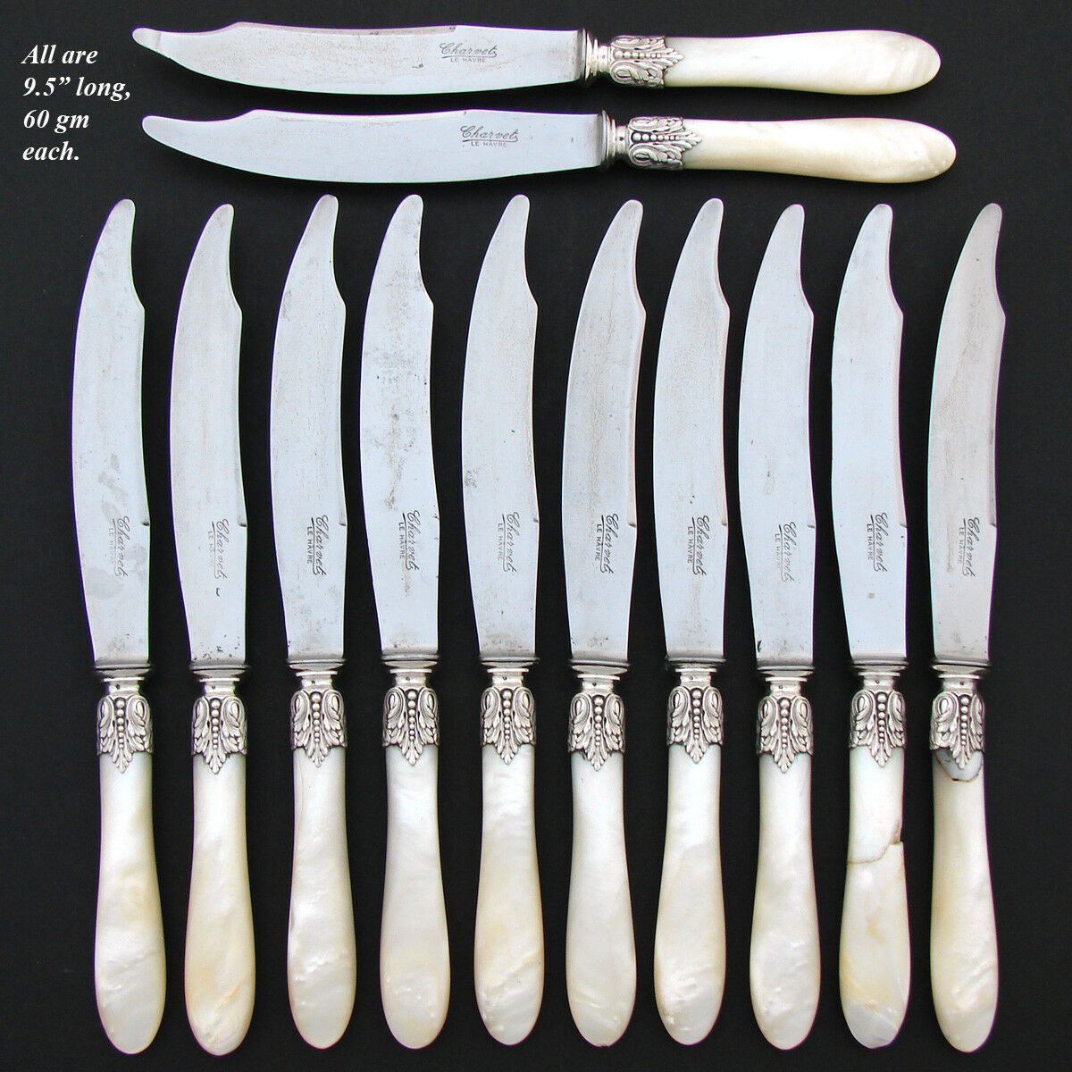 Antique French .800 (nearly sterling) Silver & Mother of Pearl Dinner Knife Set