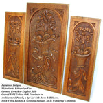 Fab Antique Country French Style Carved Oak Panels, 3pc, Bows, Ribbons & Baskets