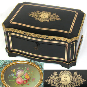 LG Antique French 14.5" Jewelry or Sewing Chest, Boulle, Crown Monogram, Tahan?