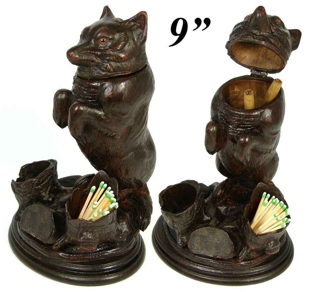 Rare Antique Victorian Era Black Forest Carved 9 1/4" Smoker's Stand, FOX Figure