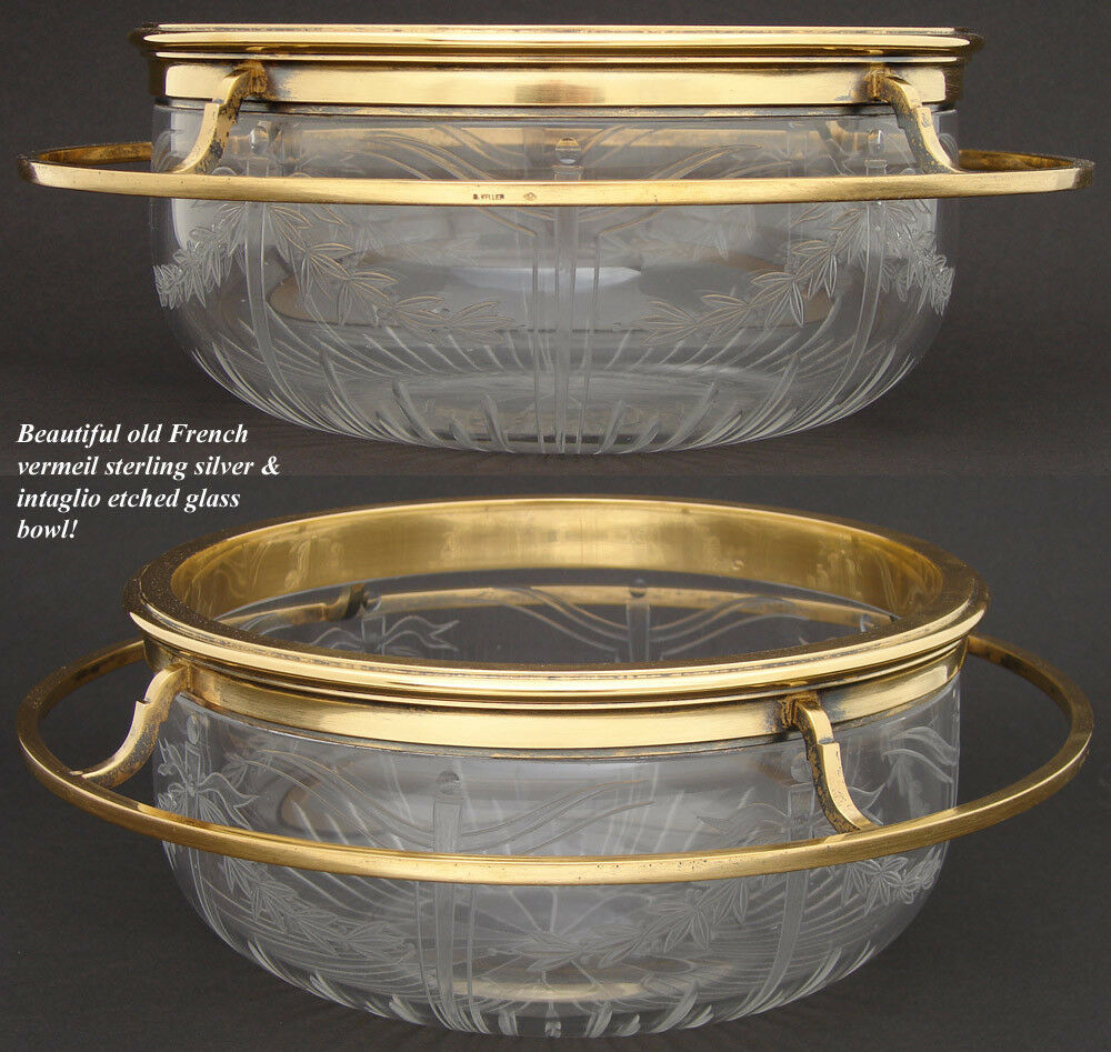 Antique French Vermeil Sterling Silver & Intaglio Etched Glass 9" Serving Bowl