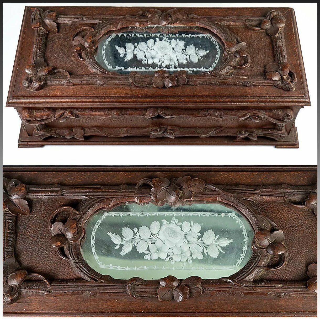 Antique Black Forest Hand Carved Wood Gloves Box, Engraved Mirror Top