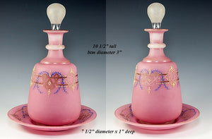 Antique mid-1800s French Opaline Decanter & Underplate, Tray, "Bonne Nuit"