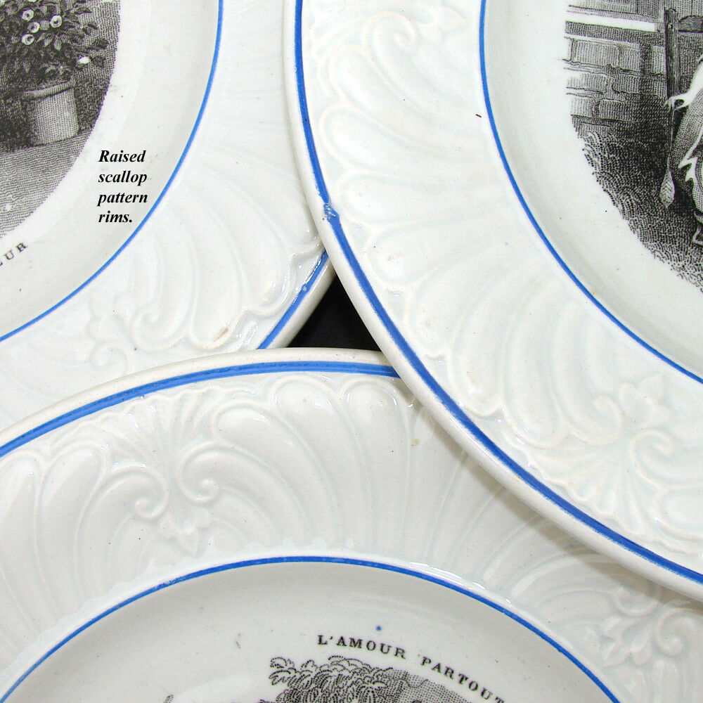 Antique French Creil 10pc Cabinet Plate Set, "L' Amour Partout" Figural Theme