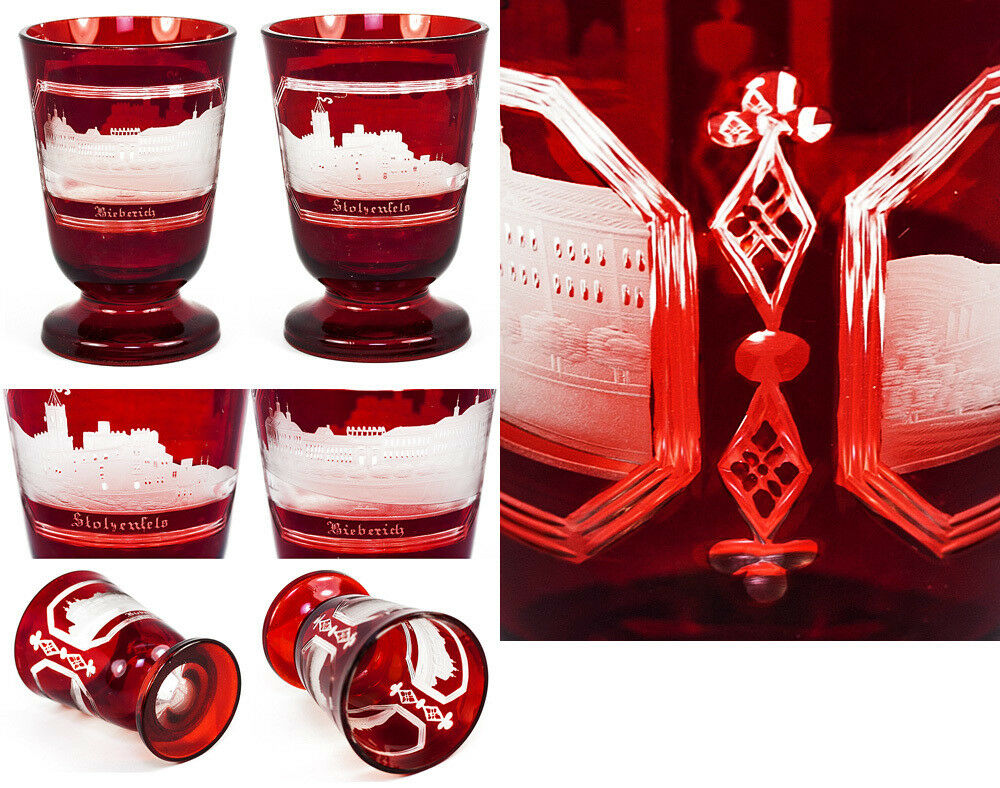 Antique Egermann Bohemian Engraved Ruby Glass, "Spa" Souvenir #2 Architectural