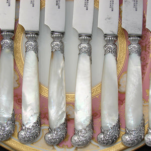 Antique French 22pc Table Knife Set, Pistol Grip Shape Sterling Silver & Pearl