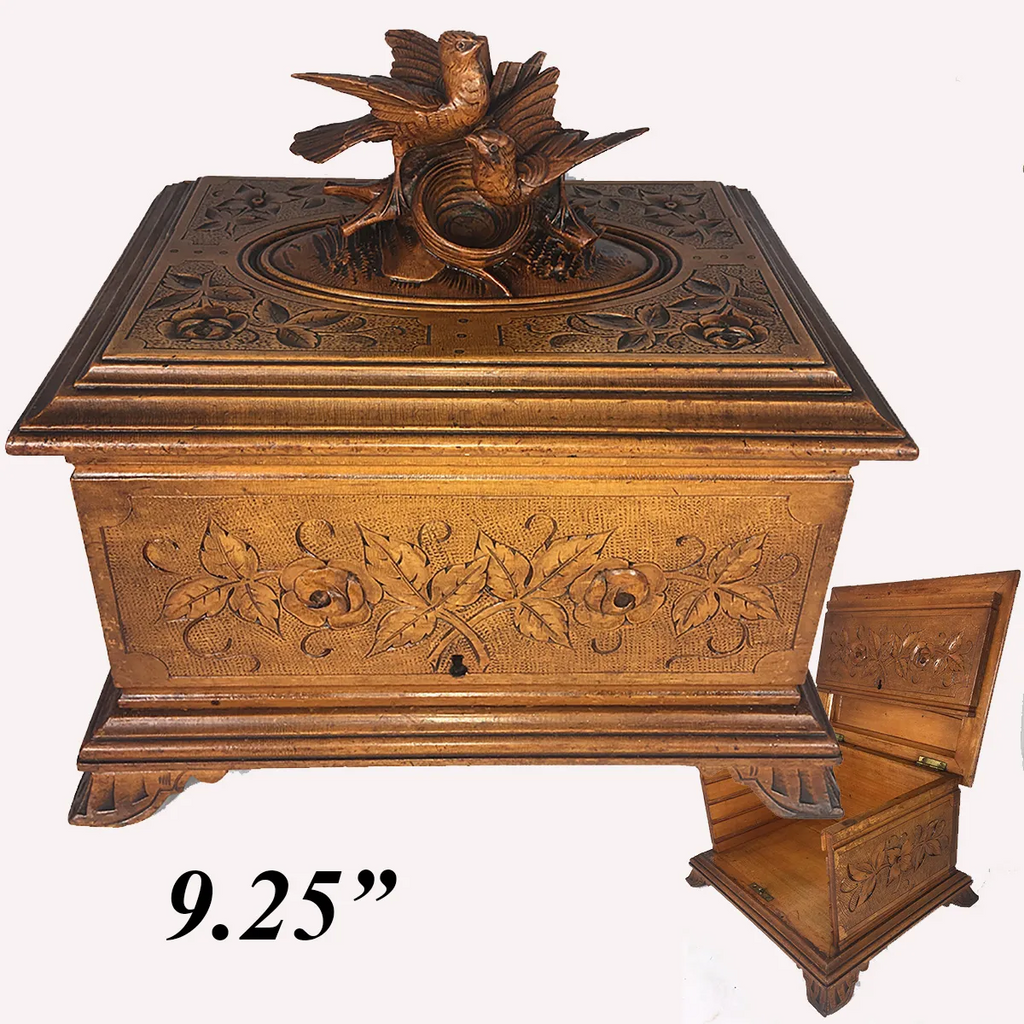 Antique Black Forest Carved 9.25" Cigar Chest, Box, Caddy, Lovebirds & Nest