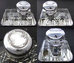 Antique French Sterling Silver 5pc Writer's Set, Cut Crystal Inkwell, Orig. Box