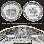 Antique French Sarreguemines 2pc Cabinet Plate Set, Military Theme Figural Scene