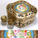 Antique French Reticulated Bronze 4.5" Scent Caddy, Floral Porcelain Medallion